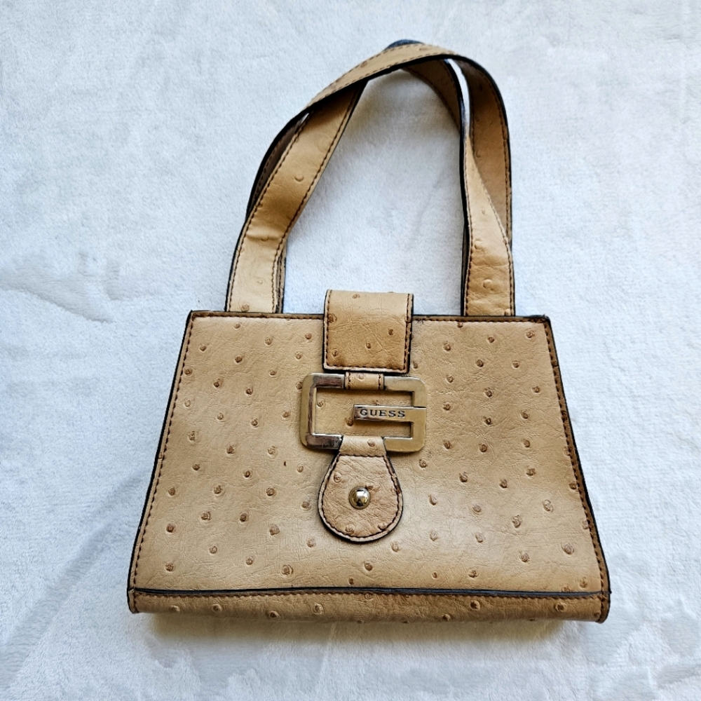 Guess Faux Ostrich Leather Mini Shoulder Bag Purse Handbag Satchel Tan Small